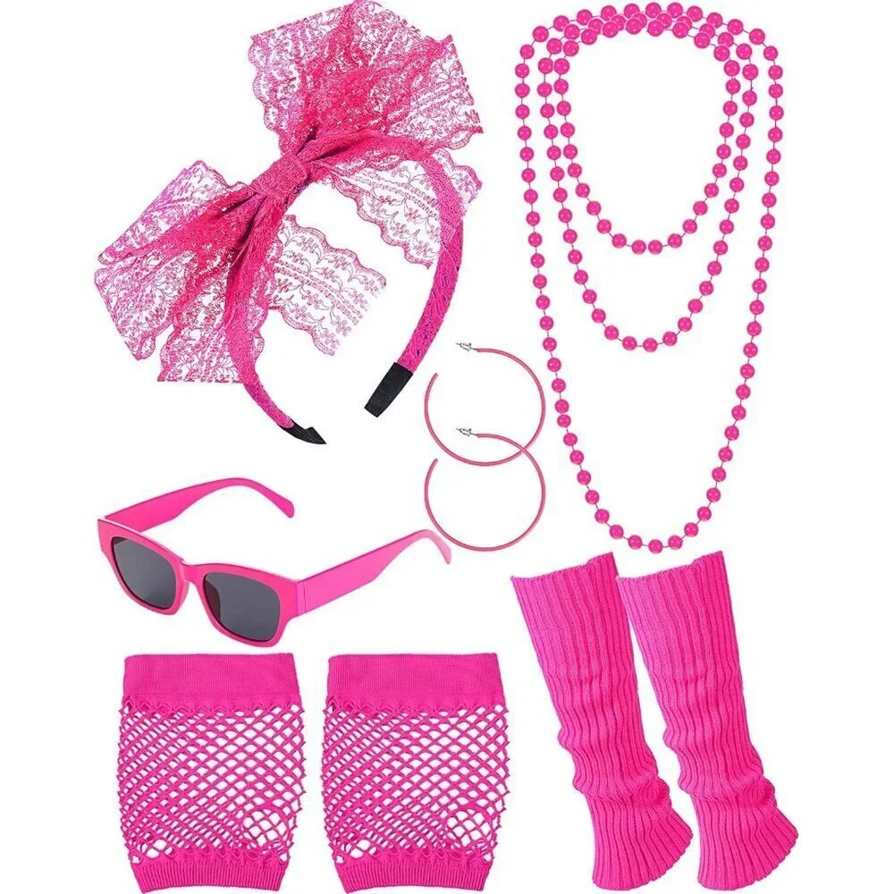 80s Accessories Set Women Retro Party Costume Jewelry Fishnet Gloves